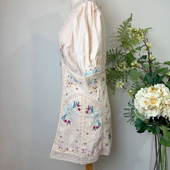 Anthropologie Linen Blend Puff Sleeve v neck mini dress | 6 | NWT New | TikTok t - Picture 9 of 16